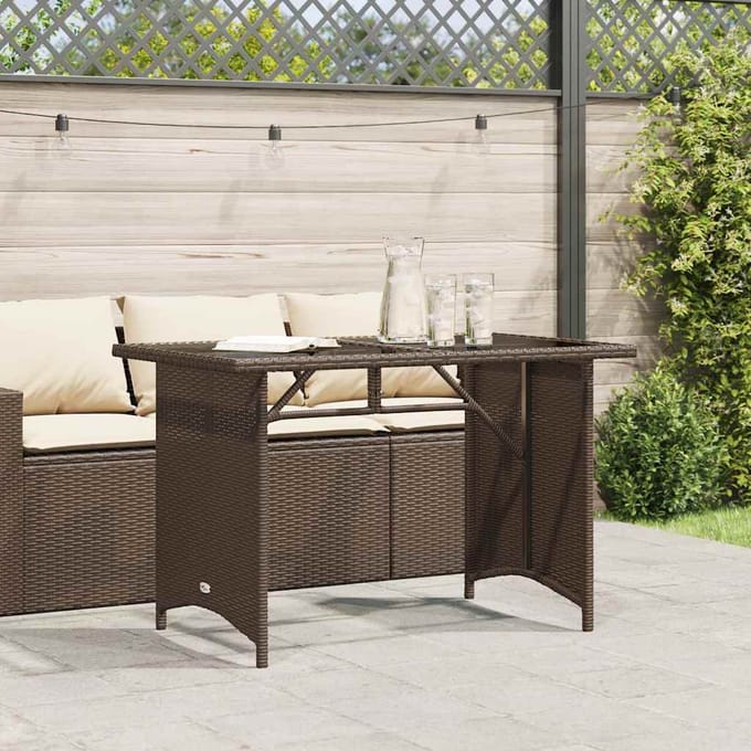 vidaXL - Tuintafel - met - glazen - blad - 110x68x70 - cm - poly - rattan - bruin