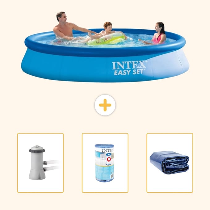 Intex Rond Opblaasbaar Easy Set Zwembad - 366 x 76 cm - Blauw - Inclusief Pomp - Filter - Solarzeil - 4-delig