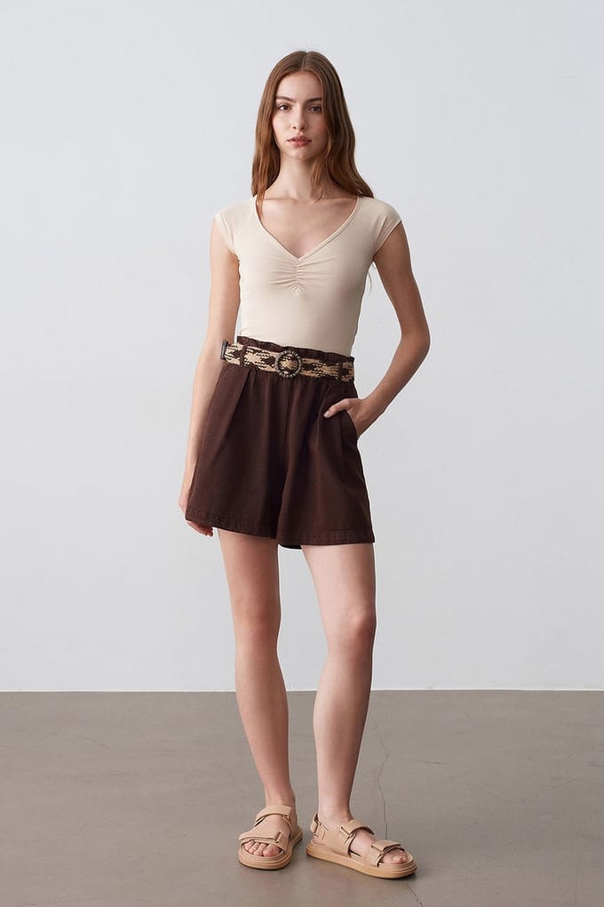 Hoge Taille Wijdvallende Poplin Shorts Met Tailleband