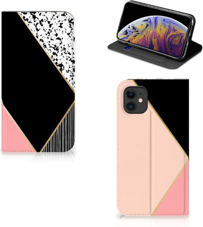 Standcase Hoesje voor Apple iPhone 11 Stand Case Zwart Roze Vormen