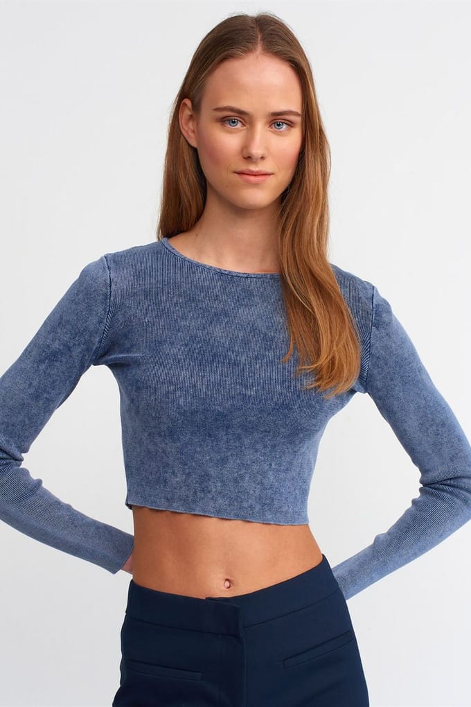 Dames Geribbelde Korte Crop Trui met Ronde Hals
