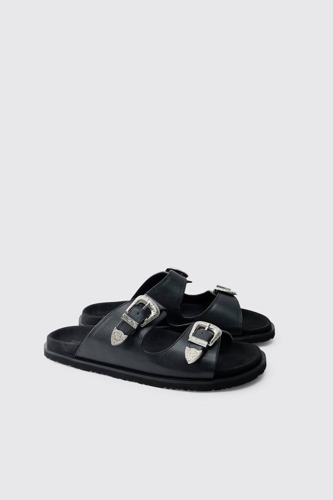 Faux Suède Sandaal Met Dubbele Band En Western Gesp | Black | Size 42