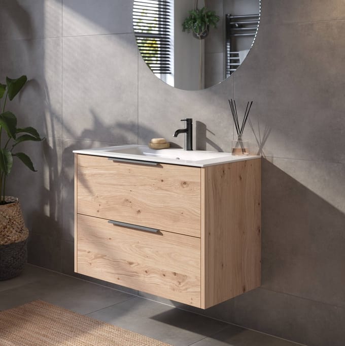 Saqu Lima Badkamermeubel Set - 81x51 cm - Voorgemonteerd - Eiken - Wastafelmeubel - Badmeubel