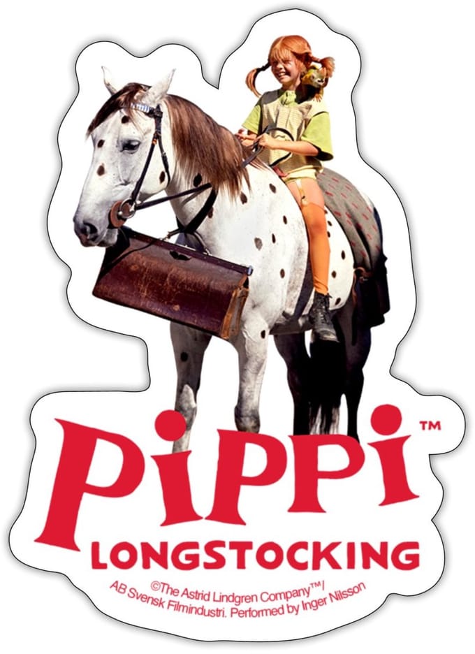 Pippi Longstocking Pippi Rijdt Op Kleine Witte Sticker Maat S (max. 10 x 10cm)