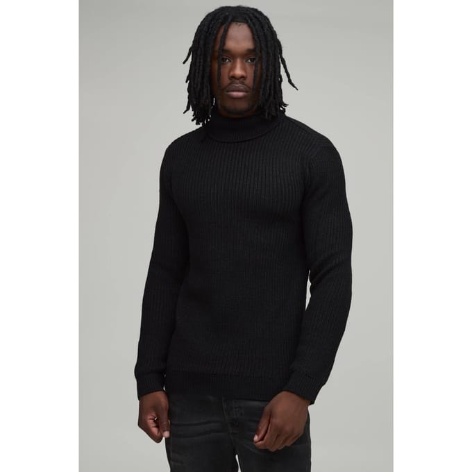 Lange Gespierde Pasvorm Geribbelde Coltrui Gebreide Trui | Black | Size Small