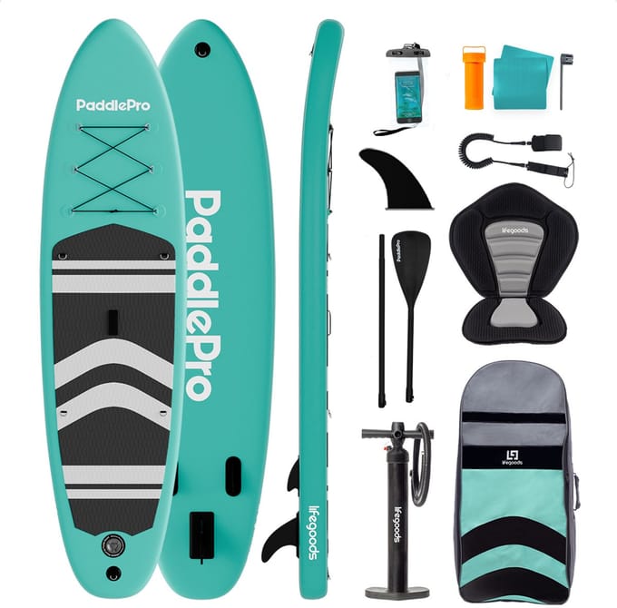 LifeGoods PaddlePro SUP Board - met Zitje - Opblaasbaar Paddle Board - Complete Set - Max. 150KG - 320x81cm - Mintgroen/Zwart