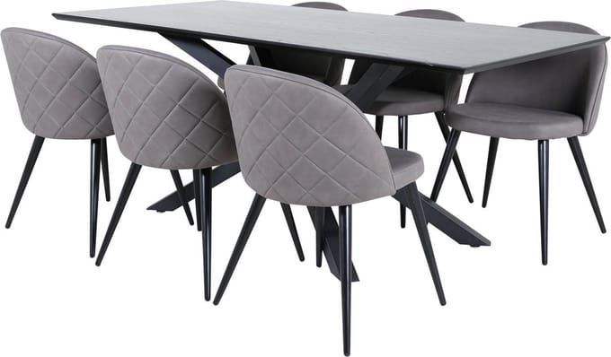 PiazzaBLBL eethoek eetkamertafel zwart en 6 Velvet Stitches eetkamerstal grijs.