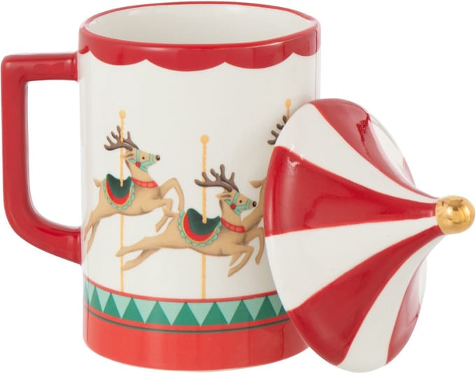 J-Line mok + deksel Draaimolen Dolomiet - keramiek - kerstrood/wit