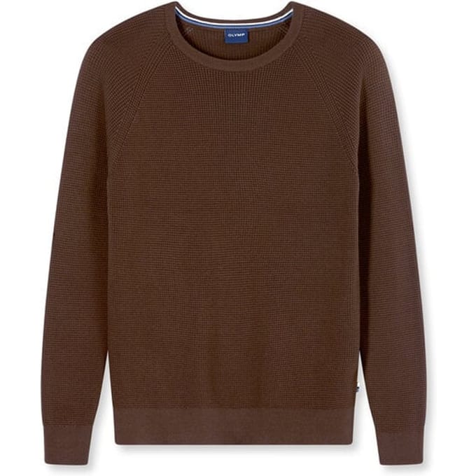 OLYMP Casual modern fit trui structuur - katoenmengsel - O-hals - bruin