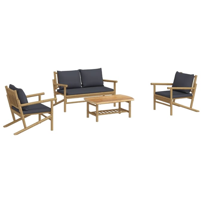 vidaXL - 4-delige - Loungeset - met - kussens - bamboe - donkergrijs