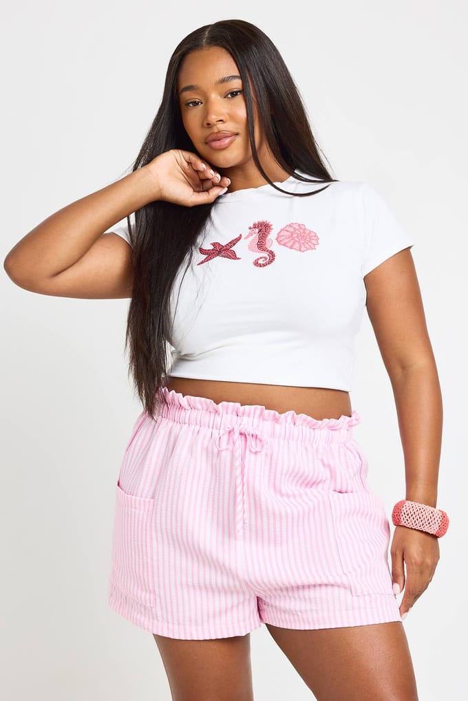 boohoo Dames Plus Gestreepte Geweven Elastische Korte Short Met Wijde Pijpen | Roze | Maat: 44