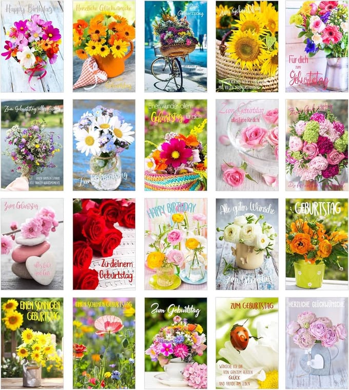 Set van 20 premium verjaardagskaarten met envelop - Wenskaarten voor elke verjaardag