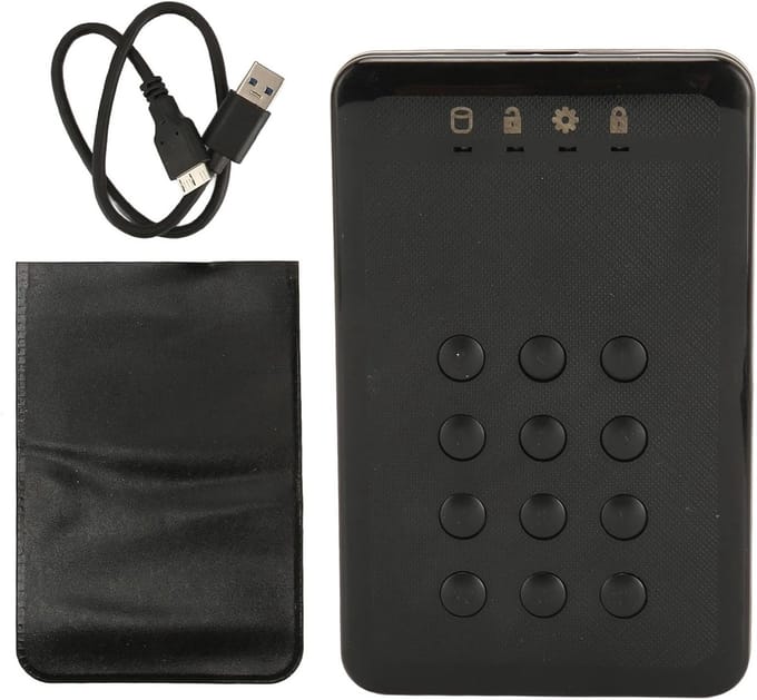 Draagbare externe harde schijf behuizing met hardware-encryptie, PIN-authenticatie, realtime encryptie en snelle USB 3.0 overdracht, robuust en waterdicht.