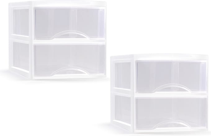 Plasticforte Ladeblokje - 2x - bureau organizer met 2x lades - transparant/wit - L26 x B36 x H25 cm