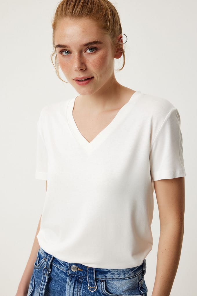 V-hals Korte Mouwen Effen T-shirt