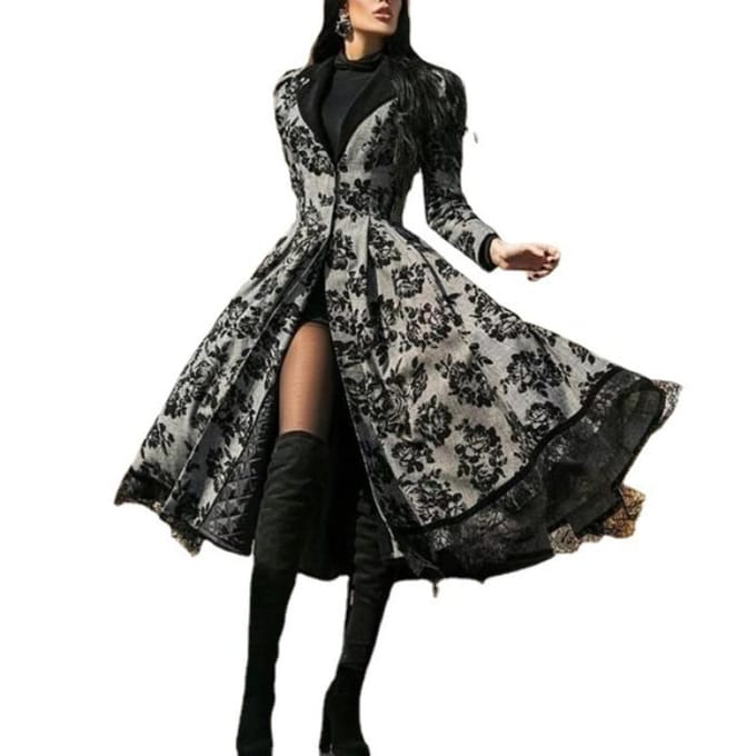 Herfst en Winter Kant Splicing Jas Grote Maat Retro Lange Trenchcoat Dames L gray