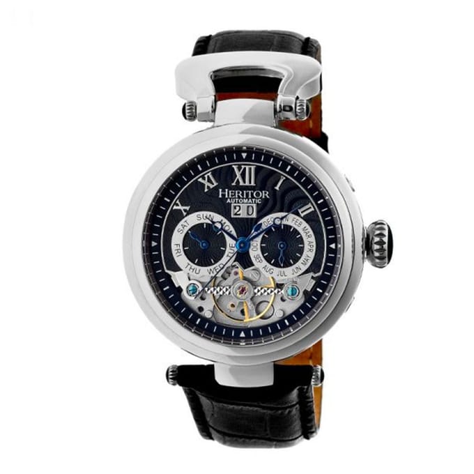 Heritor Automatic Ganzi Semi-Skelet Horloge met Leren Band - Zilver/Zwart