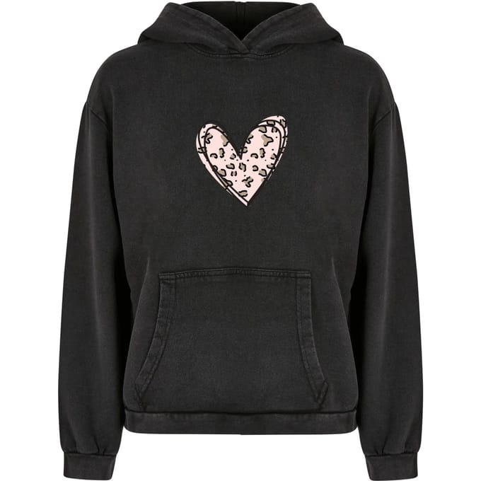 Dames Hoodie Oversized Merchcode Valentines Day - Leopard Heart Acid Washed