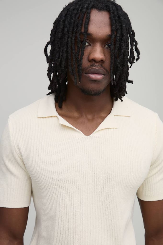 Tall Regular Fit Cotton Blend Ribbed Knitted Polo T-Shirt | Ecru | Size Large