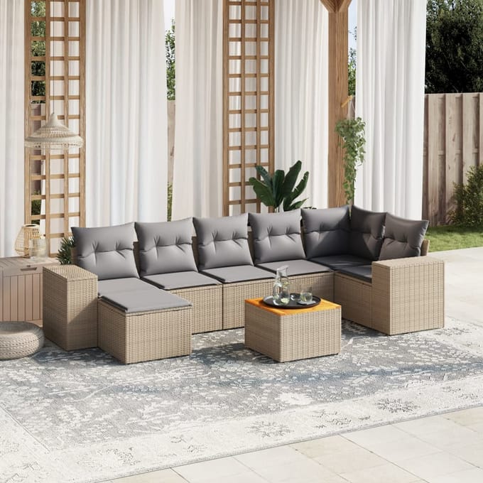 vidaXL - 8-delige - Loungeset - met - kussens - poly - rattan - beige