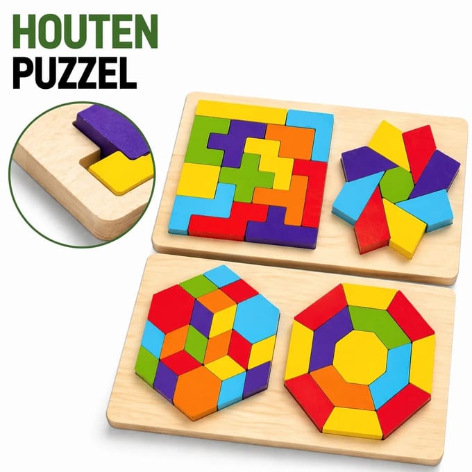 Bextunio Houten Puzzel Set – Tangram & Vormpuzzel Educatief Speelgoed voor Kinderen