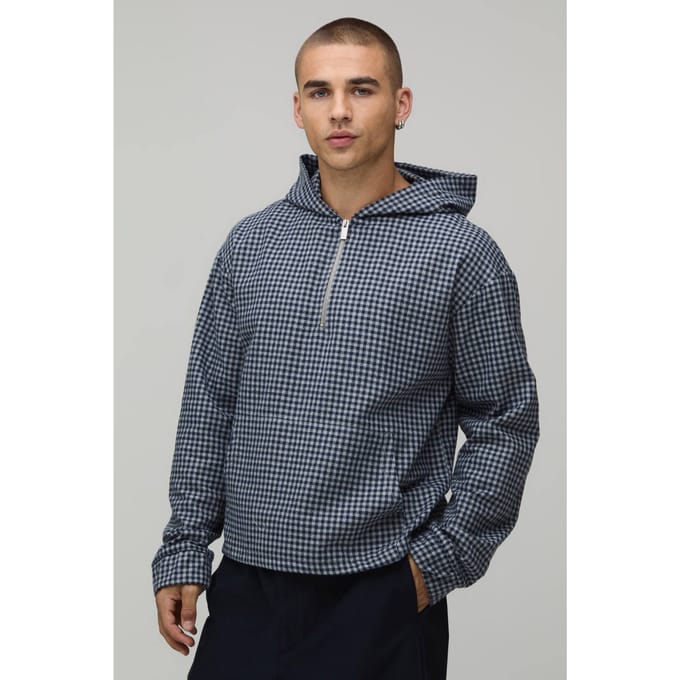 Oversized Check Quarter Over The Head Over Shirt | Grey | Size Medium