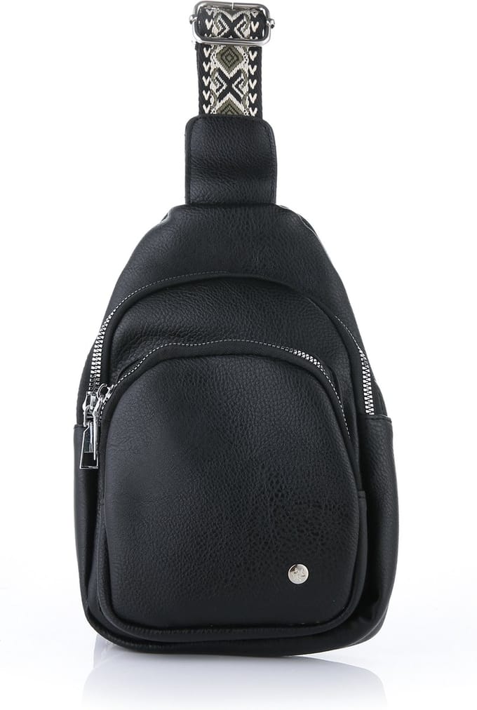 Klein crossbodytasje met geweven schouderriem, zwart