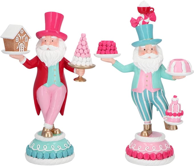 Viv! Christmas Kerstbeeld en Kandelaar - Kerstman met Taart en Snoep - set van 2 - 34 & 36cm
