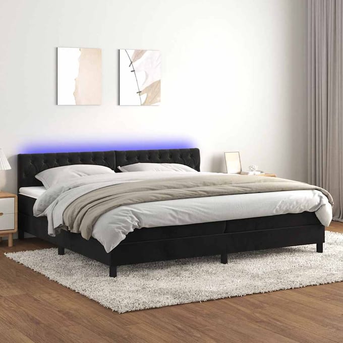vidaXL - Boxspring - met - matras - en - LED - fluweel - zwart - 200x200 - cm