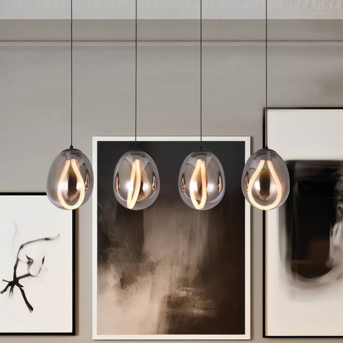 Viokef LED hanglamp Melanie, lengte 85 cm, rookgrijs, glas 4-lamps.
