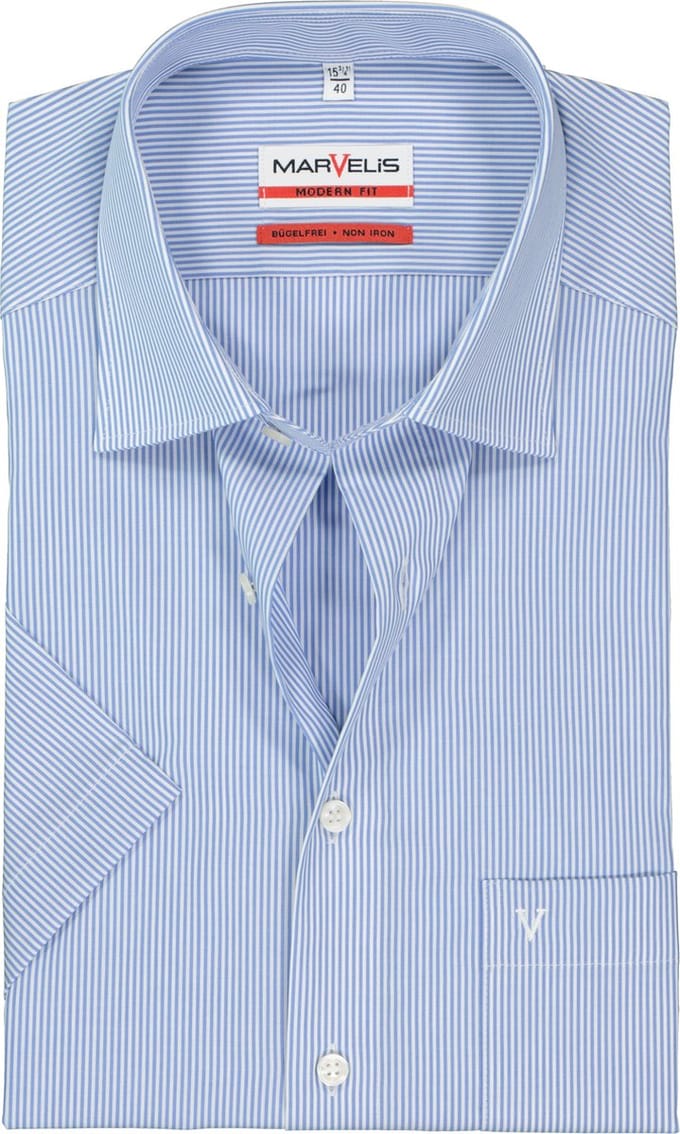 MARVELIS modern fit overhemd - korte mouw - blauw-wit gestreept - Strijkvrij - Boordmaat: 40 (EU maat: M)