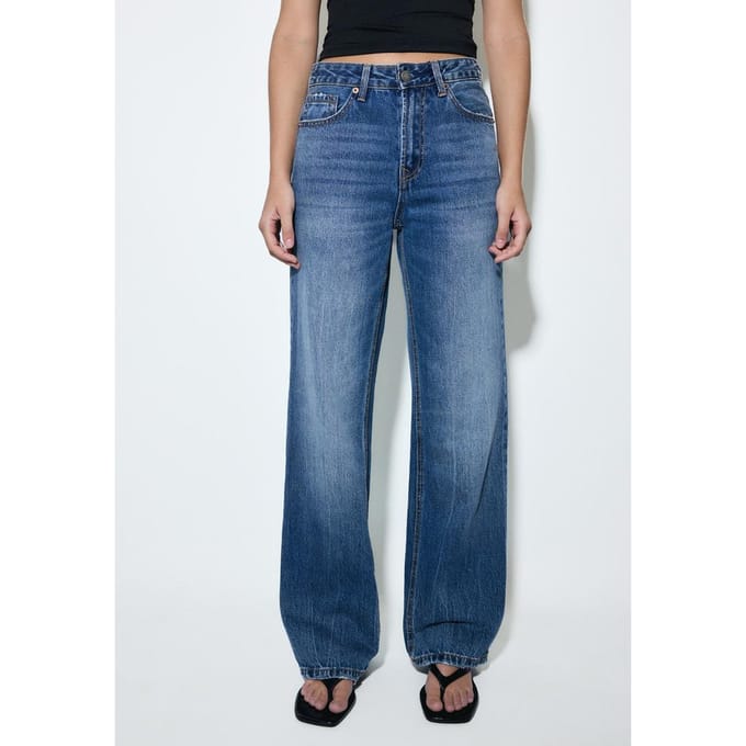 Stradivarius D92 straight wide jeans met scheuren  MIDDENBLAUWE DENIM WASSING 32