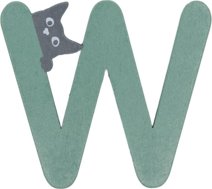 Houten Letter W Groen met Kat | 9 cm