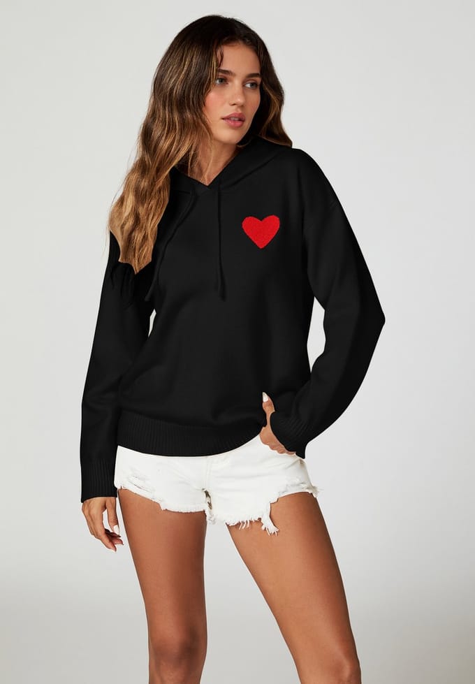 Hartborduursel gebreide hoodie in zwart