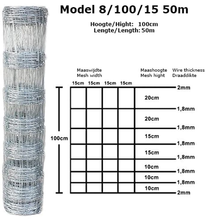 Schapengaas Licht 2.00mm/1.80mm 100cm-8-15cm 50m Gegalvaniseerd.