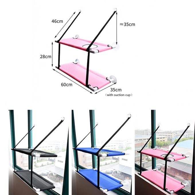 Kattenvensterzitstok Hangmat Mesh Bed Dubbel Dek Venster Zuignappen Zitting zwart