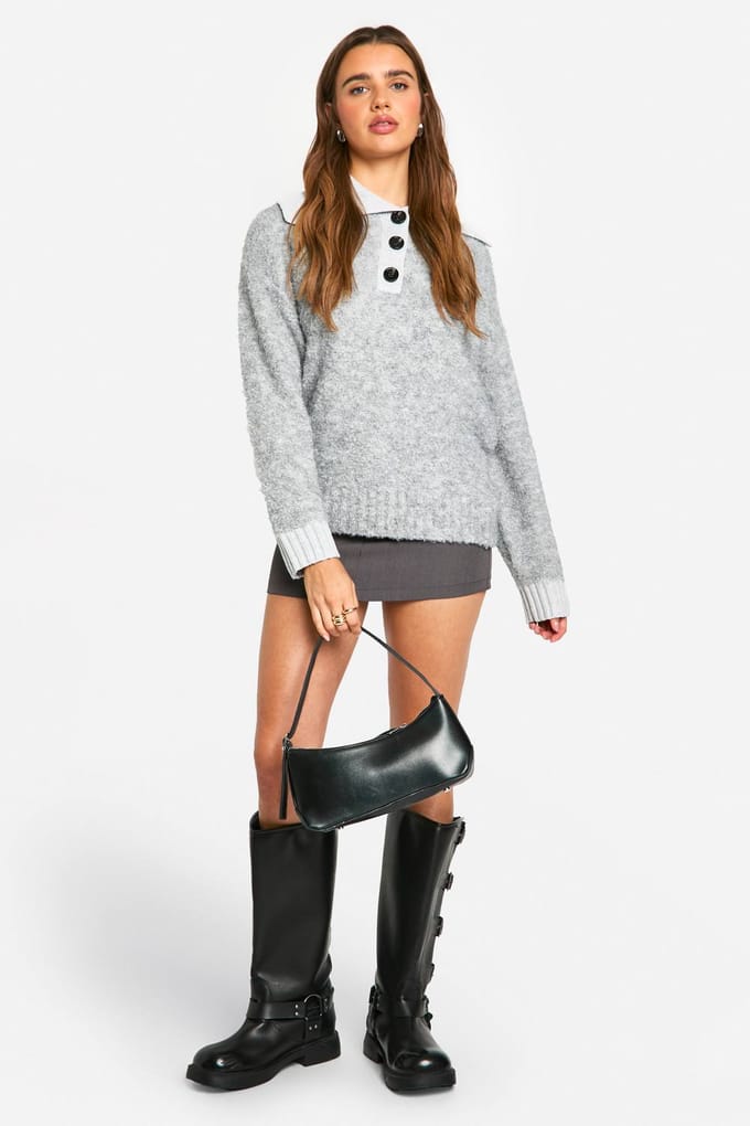 boohoo Dames Gebreide oversized trui met geribbelde kraag en knoopsluiting | Grey Marl | Maat: Medium