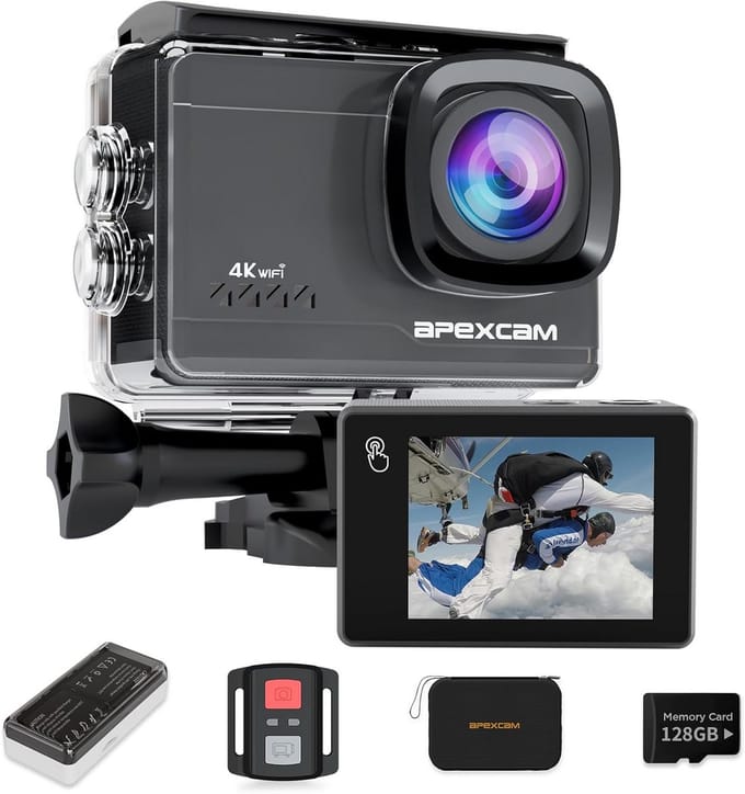 Actiecamera 4K 60FPS – 64MP – Waterdicht 40m – WiFi – 64GB Kaart & Accessoires Set