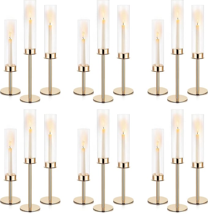 Set van 18 Gouden Kandelaars met Windlicht Cilinders voor Kaarsen