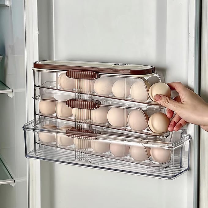 Meerlaagse eierbewaardoos met handvat voor keuken of koelkast single row gray