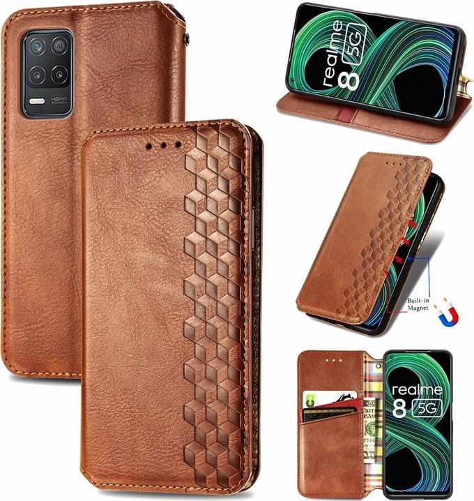 Luxe PU Lederen Ruitpatroon Wallet Case + PMMA Screenprotector voor OPPO Realme 8 5G _ Bruin