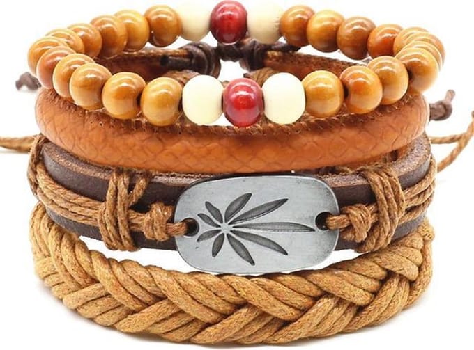 Fako Bijoux® - Leren Armband - Leder - Set Weed - Lichtbruin