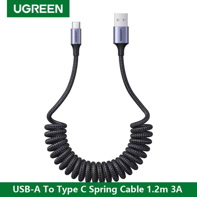 UGREEN Auto Spring Pull USB A Naar Type C Kabel 3A Snel opladen data Voor Apple iPhone 15 Samsung Android Telefoon Oplader Gevlochten QC zwart