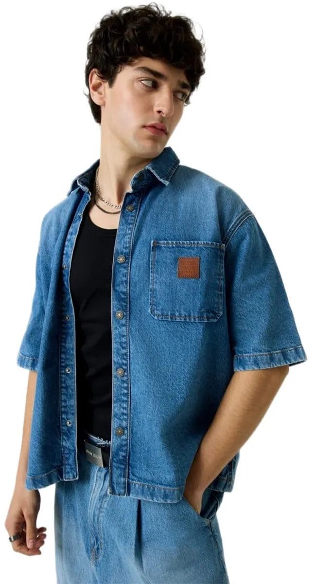 Guess Jeans M6gh52d5m5t Oversize Cropped Overhemd Met Korte Mouwen Blauw XL Man