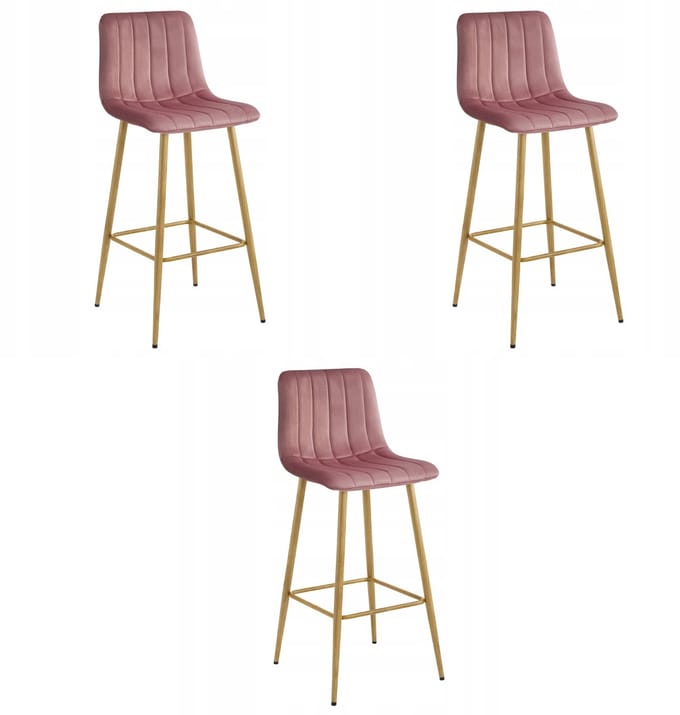 Set van 3 barkrukken POZZA - Donkerroze fluweel - Eikenlook metalen poten - Modern design