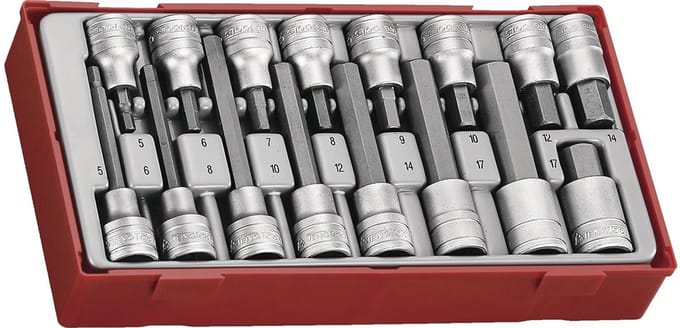 Lange dop- bitsenset Hex TT1 tray 1/2'' 55- 100- 115mm 16 delig Teng Tools