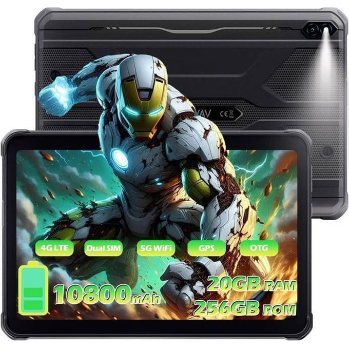 Onbreekbare Tablet HOTWAV Tab R10 Pro 20GB+256GB 10.1  Touchscreen Tablet 10080mAh Android 14 Dual SIM 4G/GPS/IP68&IP69K Zwart