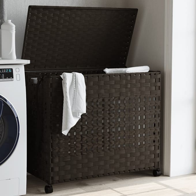 vidaXL - Wasmand - op - wielen - 66x35x60 - cm - rattan - donkerbruin