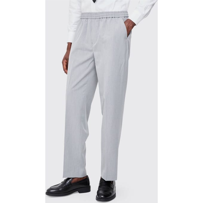 Elastic Waist Straight Fit Tailored Trousers | Grey | Size 40