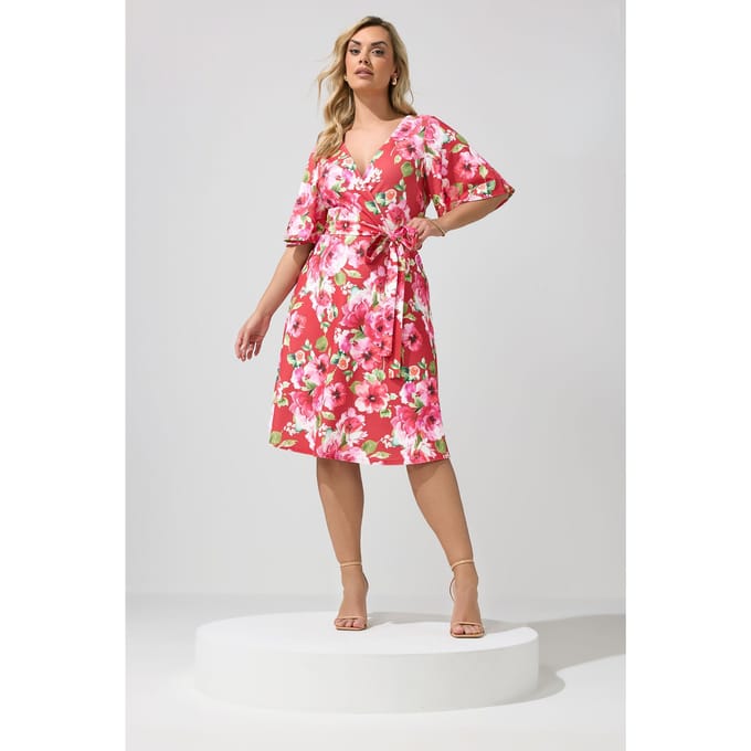 Yours London Rode Bloemenprint Wikkelskaterjurk Size 48
